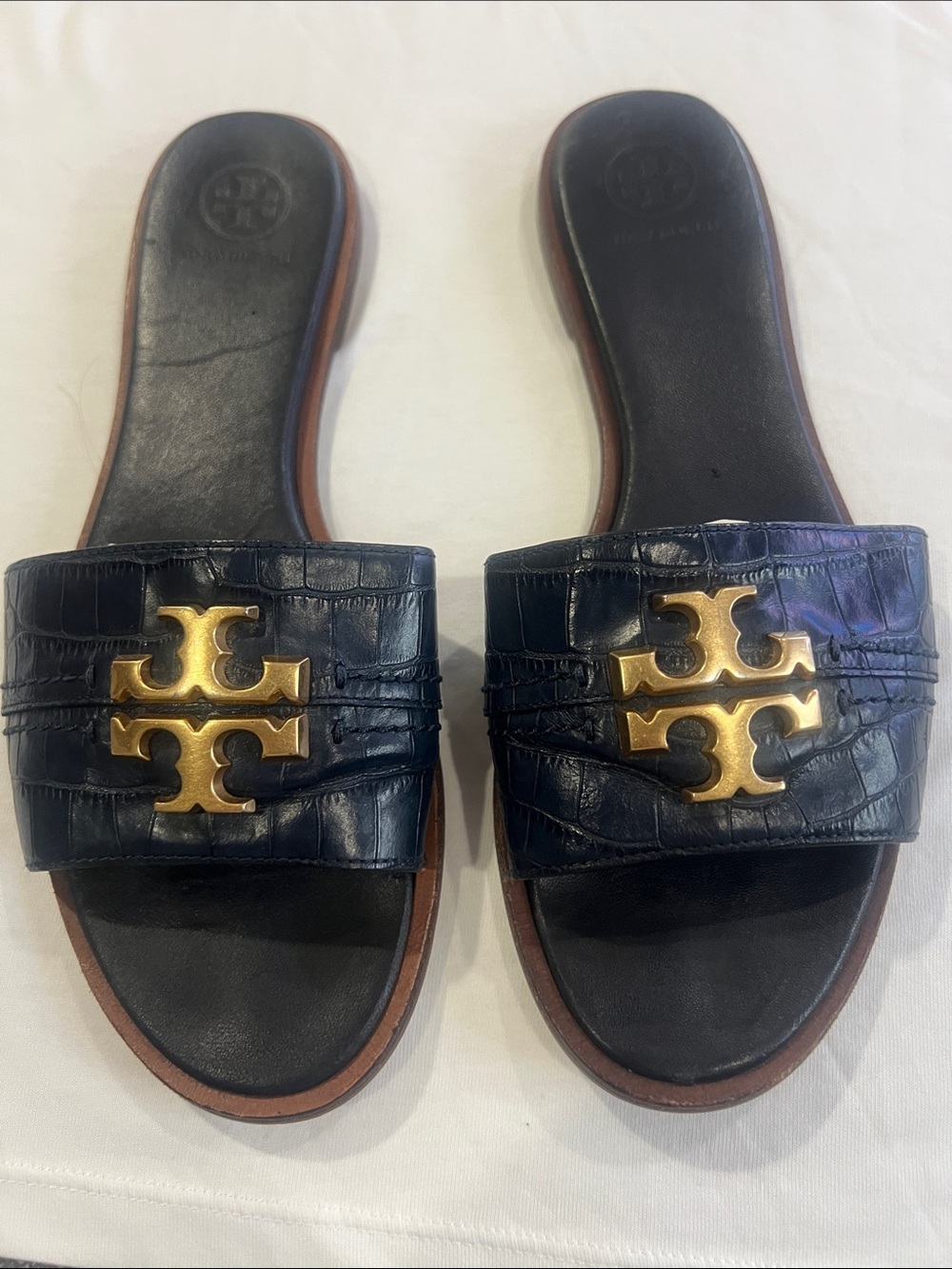 Tory Burch Navy Croc-Embossed Slide Sandals with Gold Logo